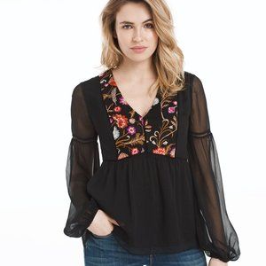 WHBM GORGEOUS! Floral Embroidered Blouse Black Translucent Sleeves 14